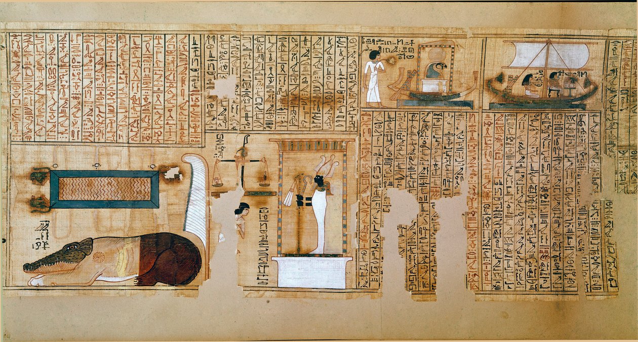 Egyptisk antikvitet: fragment av dödboken, papyrus från Nebqed. Detalj som representerar själarnas vikt. 18:e dynasti. 1400-1350 f.Kr. Paris, Louvren av School Egyptian