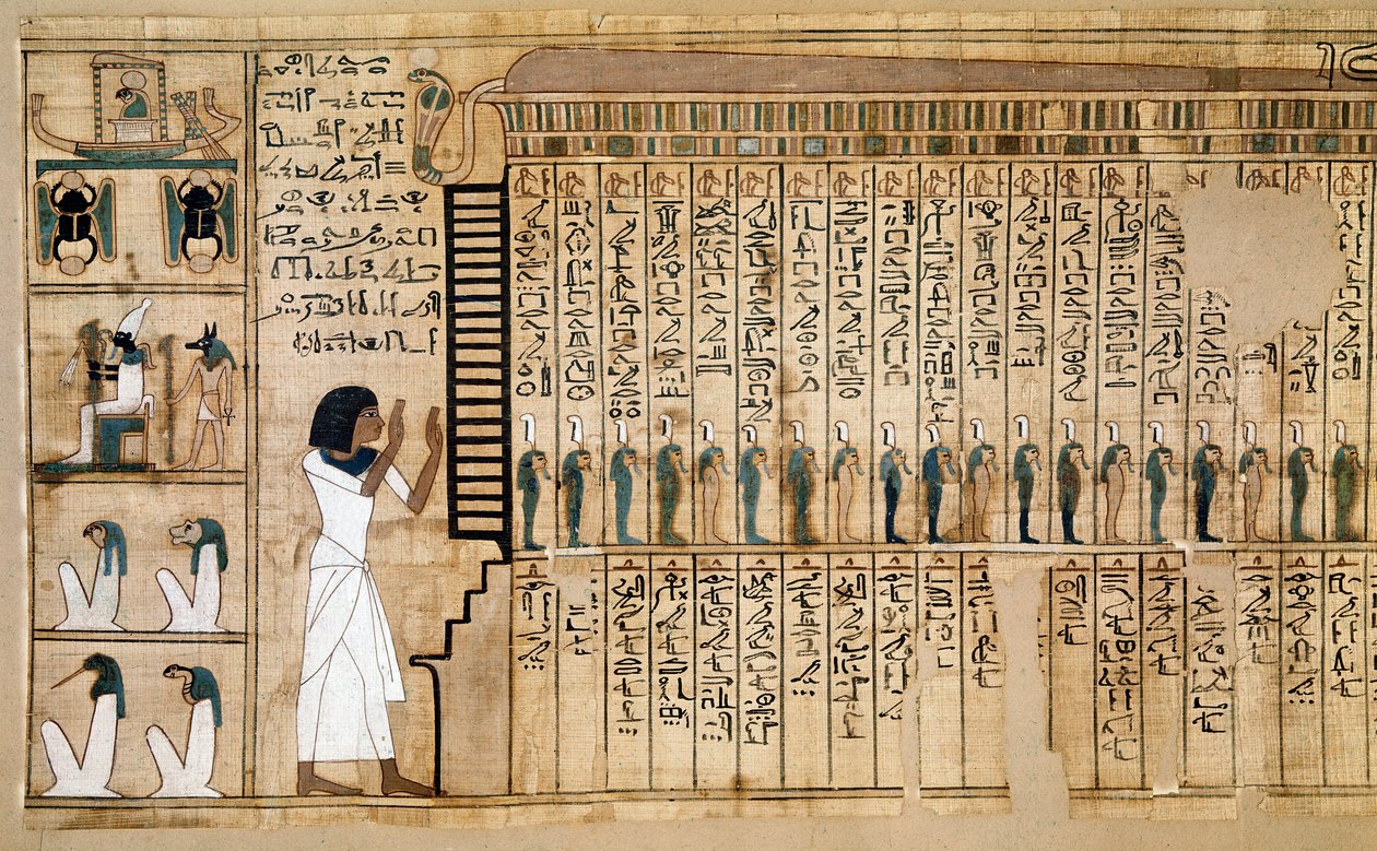 Egyptisk antikvitet: fragment av dödboken, papyrus från Nebqed. Detalj som representerar den avlidnes ankomst efteråt. 18:e dynasti. 1400-1350 f.Kr. Paris, Musee du Louvre - Forntida Egypten: fragment av de döda boken, Papyrus of Ne av School Egyptian