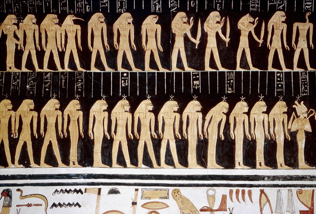 Luxor, Thebe: Konungarnas dal, teckning av gud och gudinna på innerväggen i ett tempel. av School Egyptian