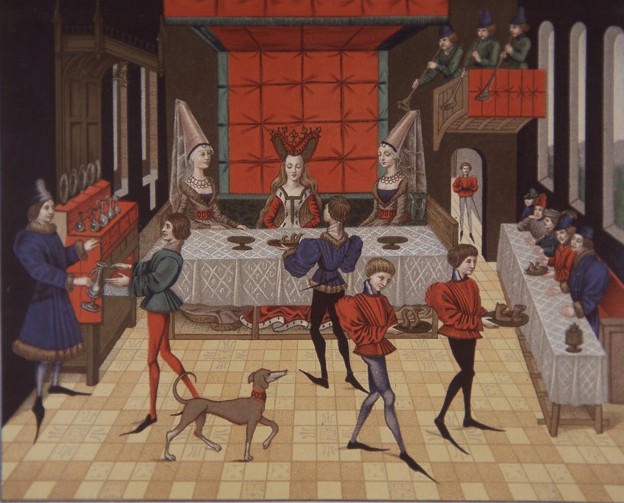 1400-talets medeltida aristokratiska damer serverade middag (färg litho) av School English