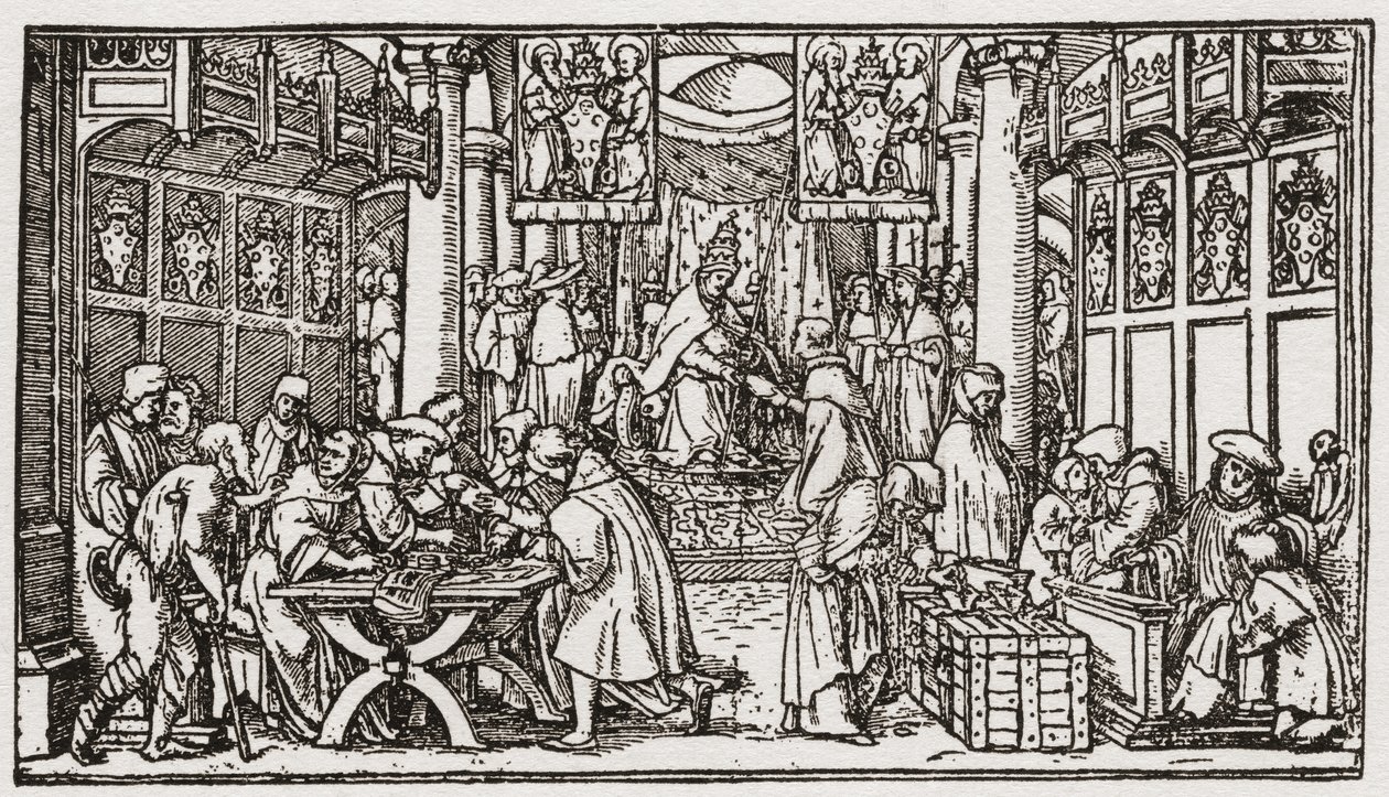 En försäljning av avlatsbrev under Tudor-perioden i England (gravyr) av School English