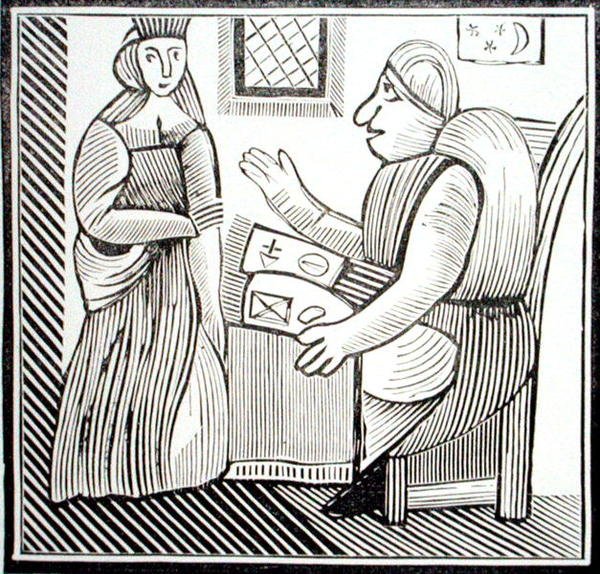 En kvinna söker vägledning från spåmannen, kopia av en illustration från 