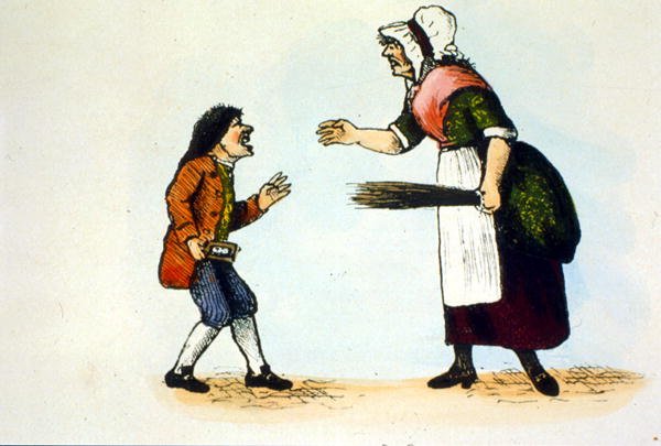 Ett barn tuktas på en damskola, illustration från en historia av hornboken (färg litho) av School English