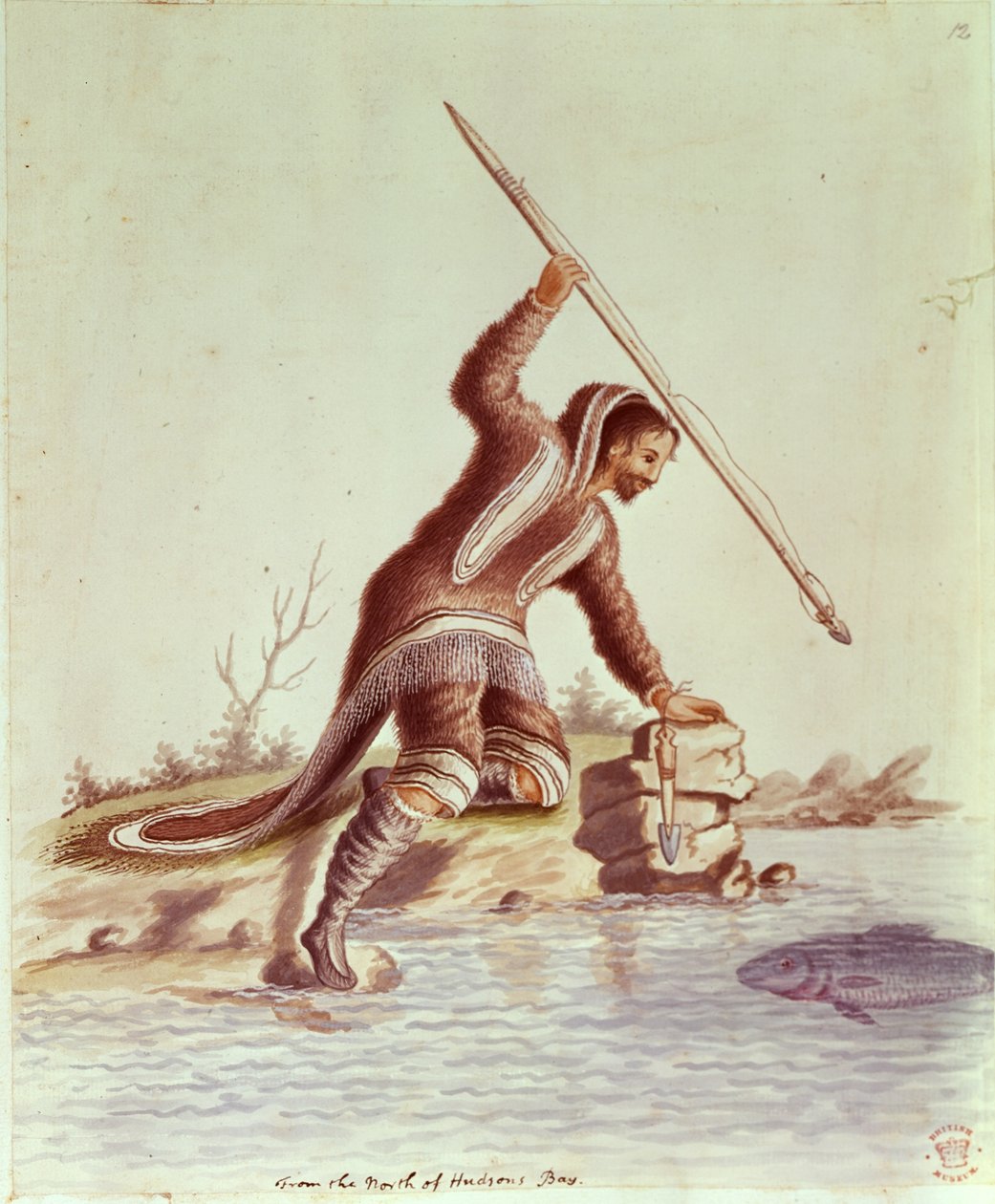 Lägg till 5253 fol.12 Inuit spjutfisk (färg litho) av School English