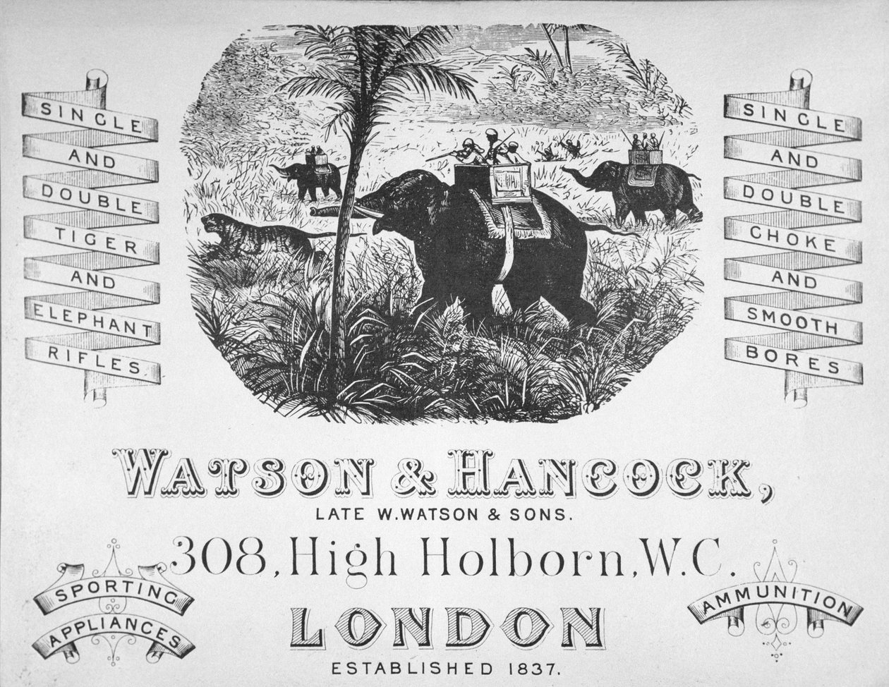 Annons för Watson & Hancock vapenmakare, ca 1900 (litho) av School English