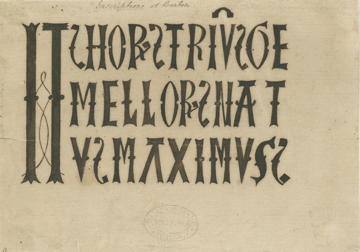 Barton under Needwood Church - inskription: bläckfaksimil och [?1700-talet] (teckning) av School English