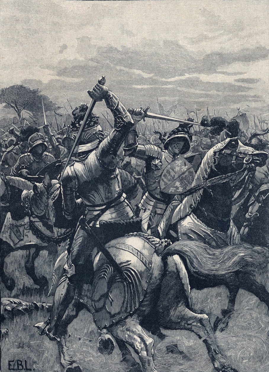 Slaget vid Bosworth Field, 22 augusti 1485, Wars of the Roses (litho) av School English
