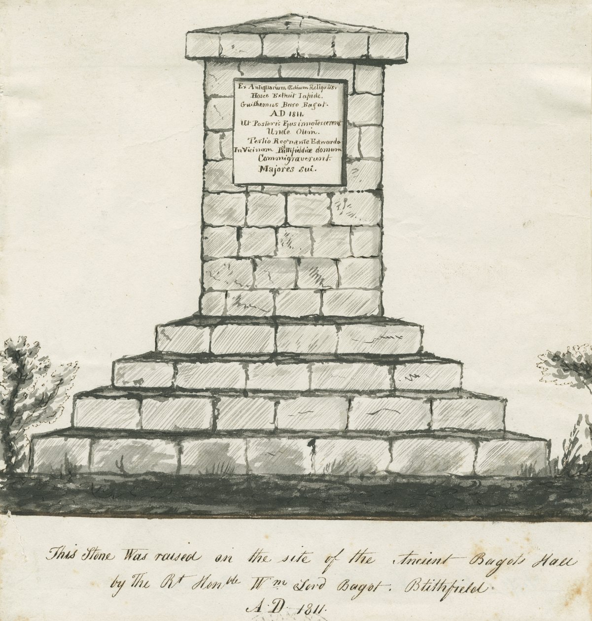 Blithfield - Memorial på platsen för Ancient Bagots Hall: sepiateckning, nd [1800-talet] (ritning) av School English