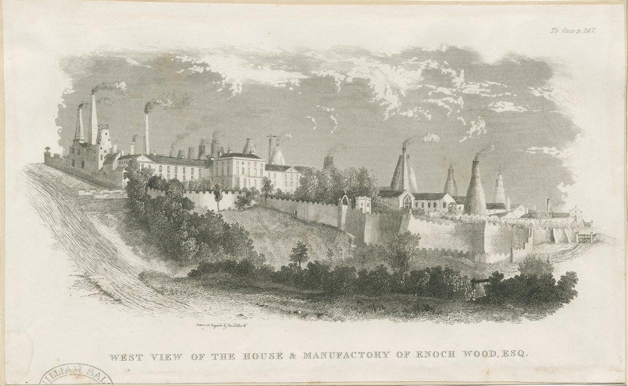 Burslem - Enoch Wood & Sons hus och fabrik: gravyr, nd [?1800-talet] (tryck) av School English