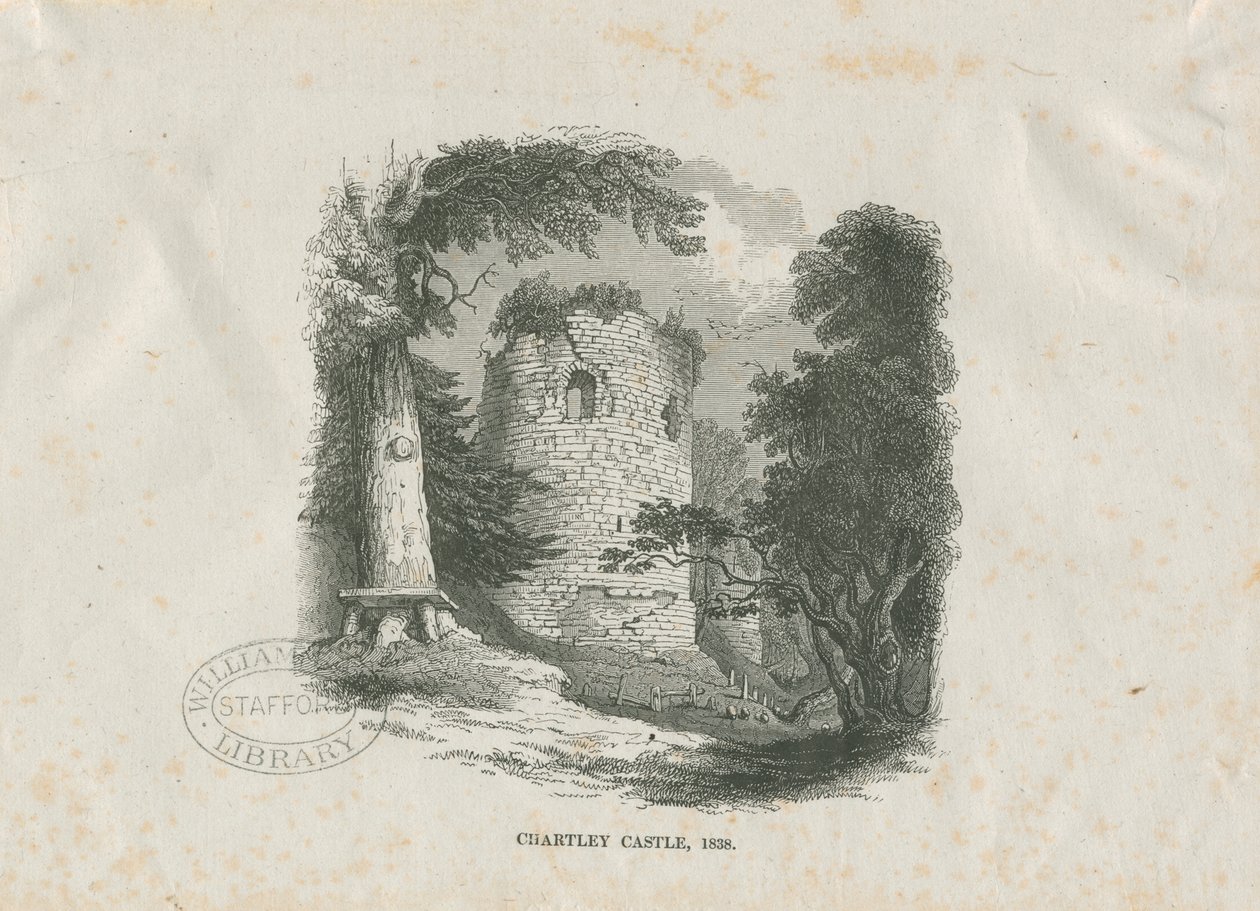 Chartley Castle: träsnittsgravyr (vinjeterad) av School English