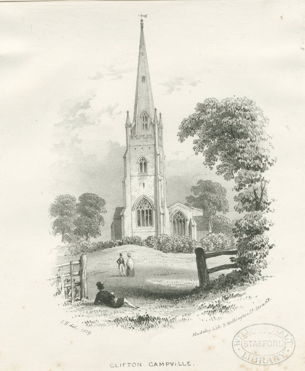 Clifton Campville Church: litografi (vinjeterad) av School English