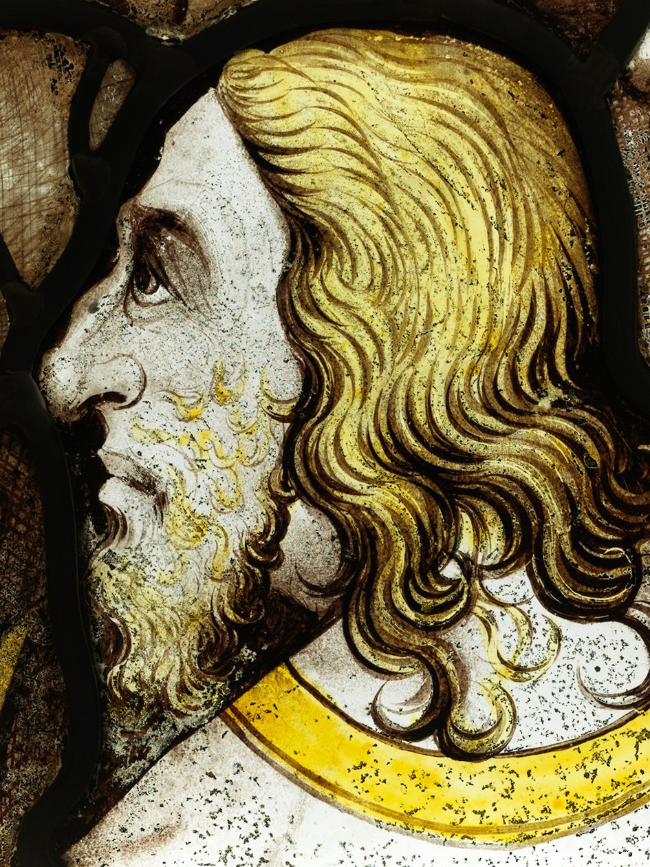 Bevarad del från Great East Window på York Minster: "The Elders Worship God" (målat glas) av School English