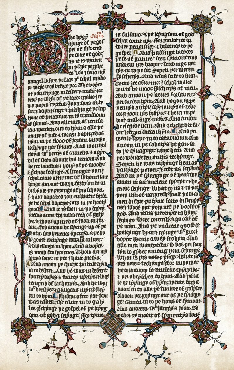 Kopia av en sida ur Markusevangeliet, Wycliffes översättning av Bibeln till engelska ca 1400 (tryck) av School English