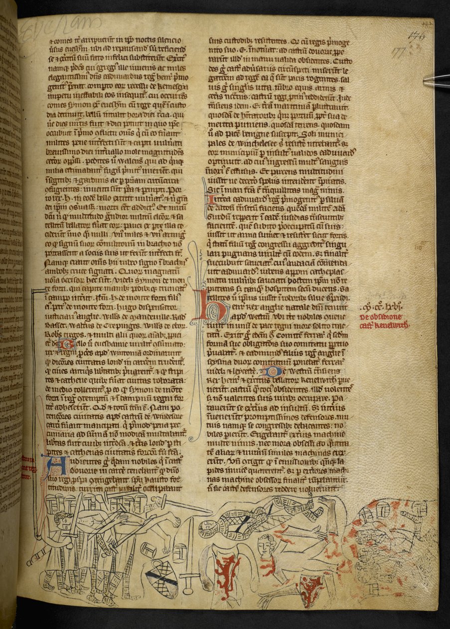 Cott Nero D II f.177 Slaget vid Evesham och Simon de Montforts död (1208-65) 4 augusti 1265, från 