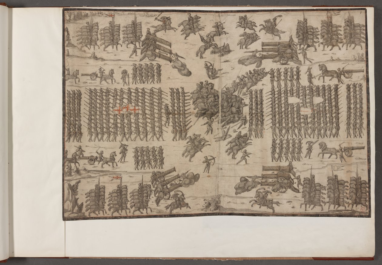 Bomull Augustus III, f.1 En strid. Arméer i formation.   Teckningar av arméer, soldater, hästar och selar och andra militära scener.  1500-1650 av School English