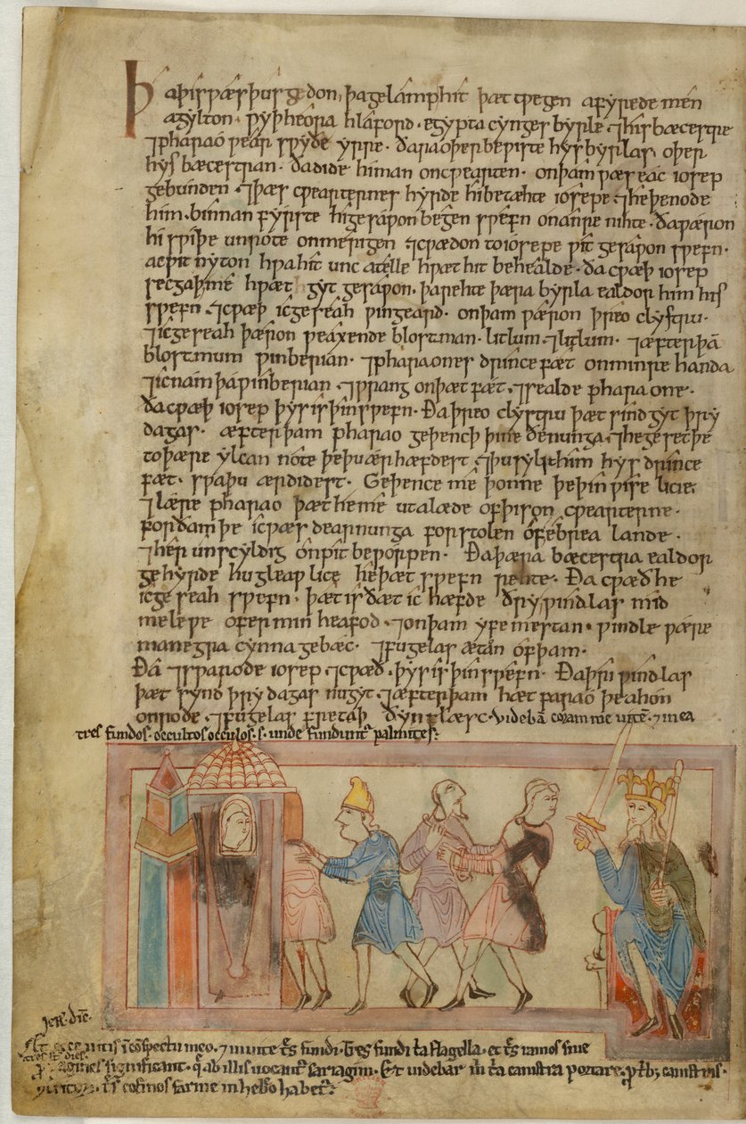 Cotton Claudius B. IV, f.58v En scen som visar anglosaxisk rättvisa, illustration från (vellum) av School English