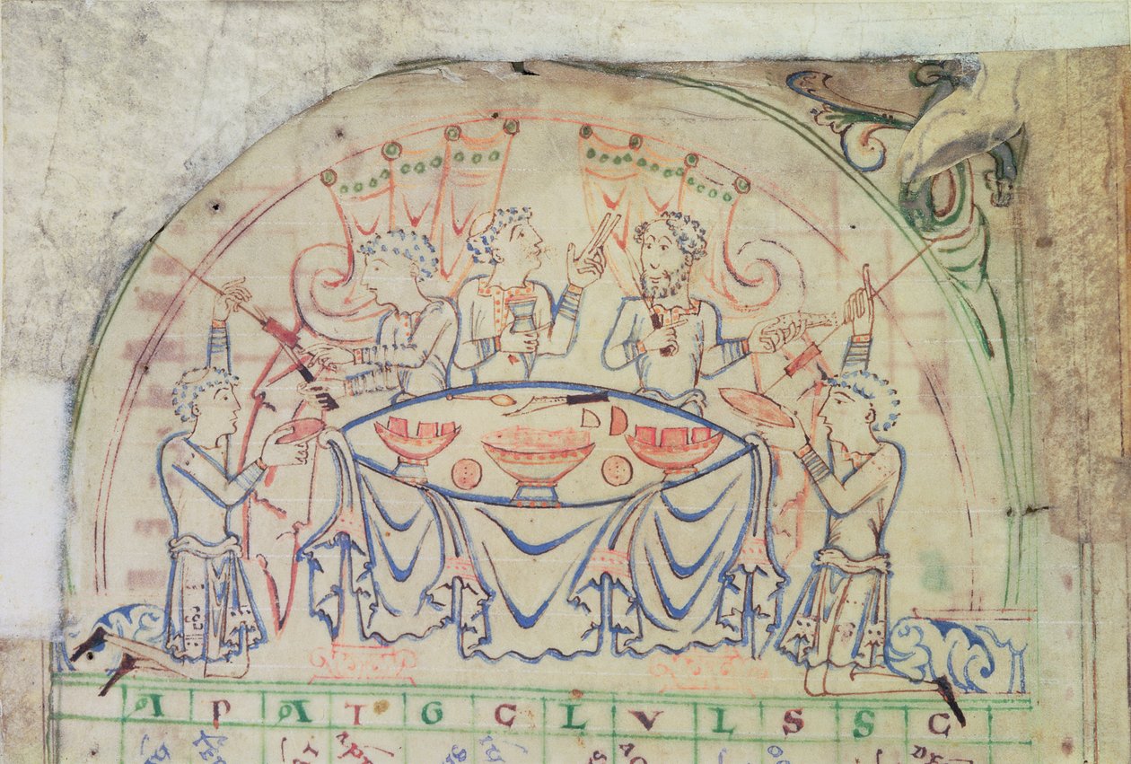 Bomull MS Tiberius C VI f.5v Festscen från en kalender, 3:e kvartalet av 1000-talet-2:a hälften av 1100-talet (pergament) av School English