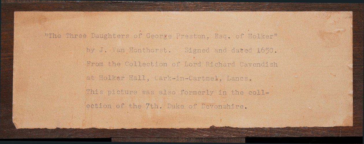 Detalj av inskriptionen, från ett porträtt av de tre barnen av George Preston av Holker (bläck på papper) av School English
