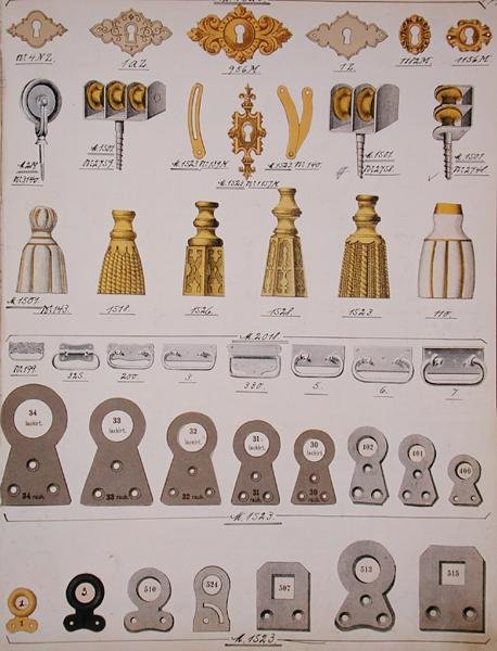 Dörrlåsbeslag, från en handelskatalog över inhemska varor och beslag, ca 1890-1910 (färg litho) av School English