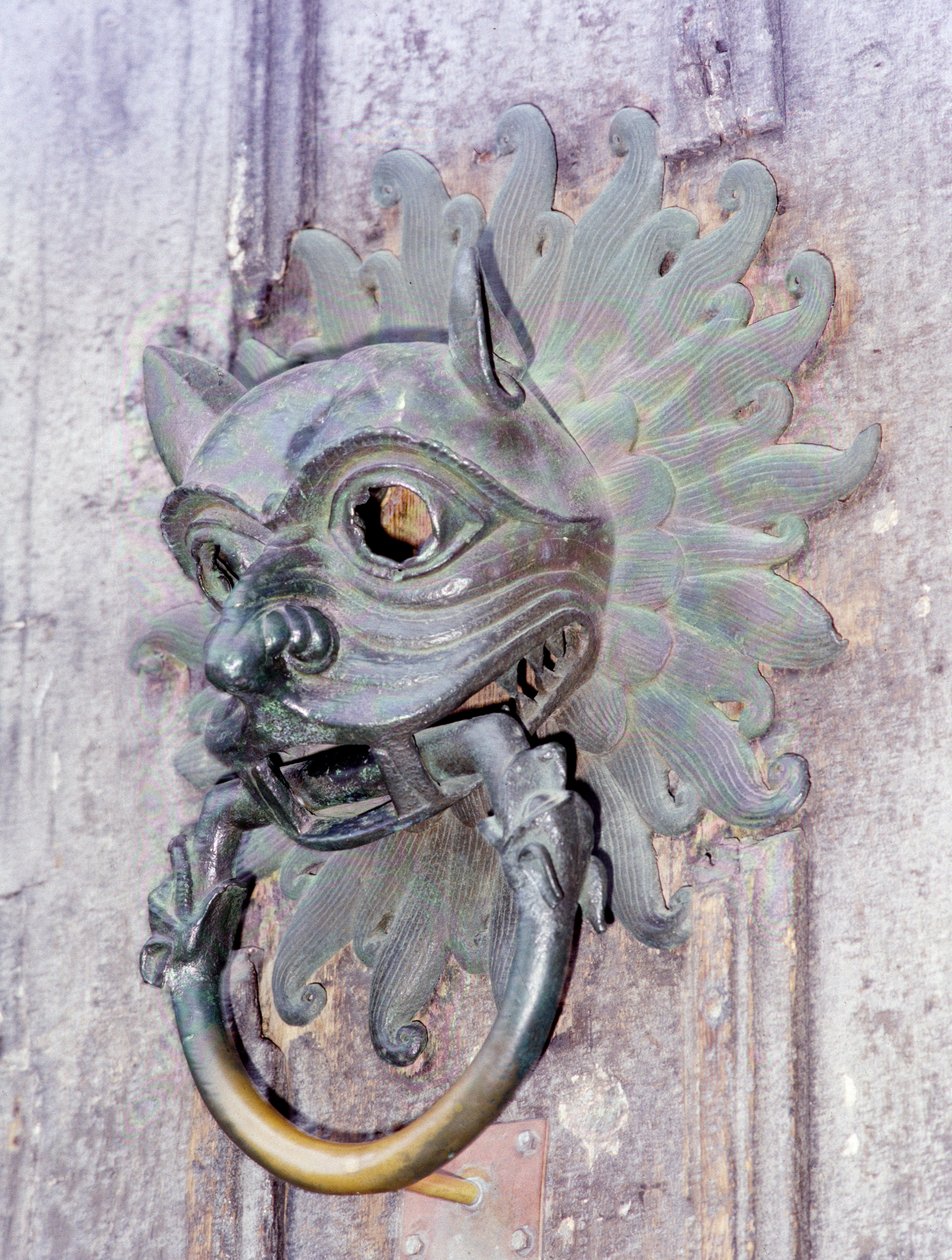 Durham Cathedral Sanctuary Knocker, kopia av brons original från 1100-talet (foto) av School English