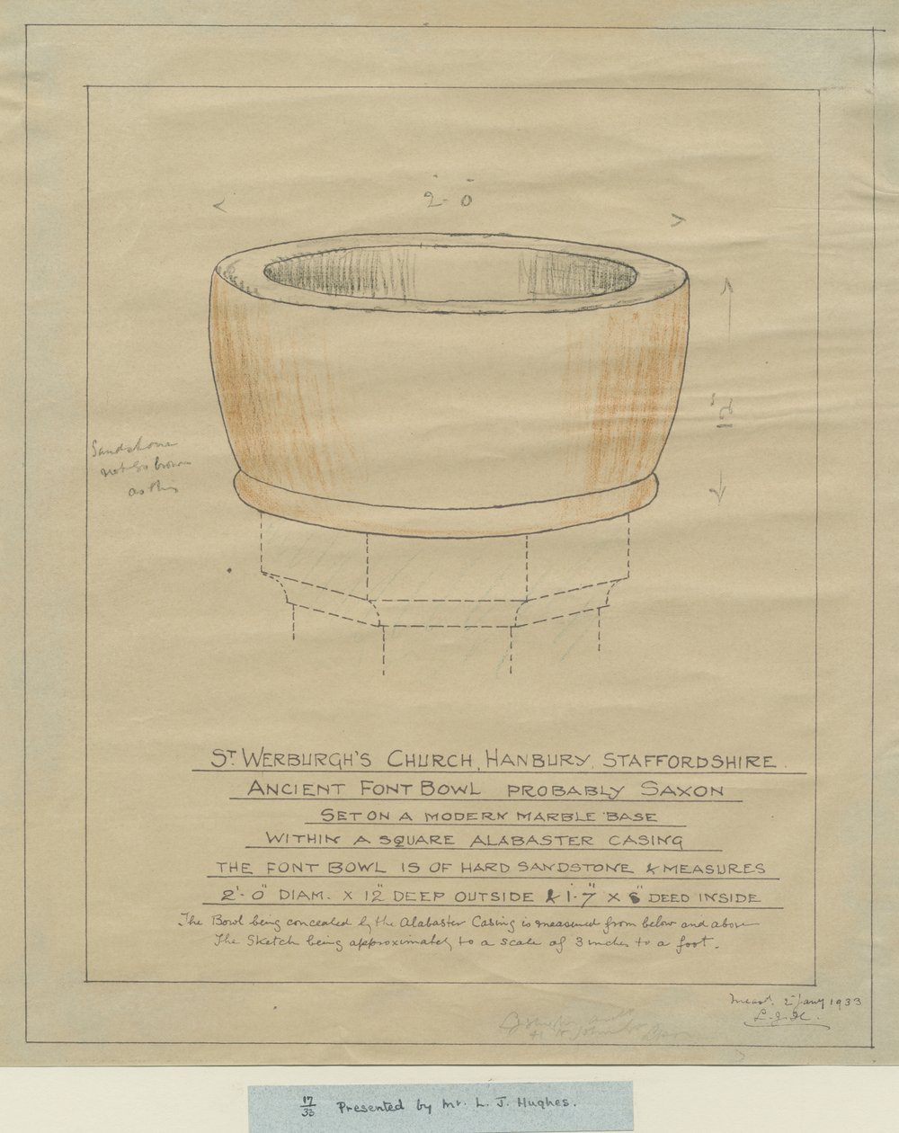 Hanbury Church - Ancient Font Bowl: tracing, nd [1933] (ritning) av School English