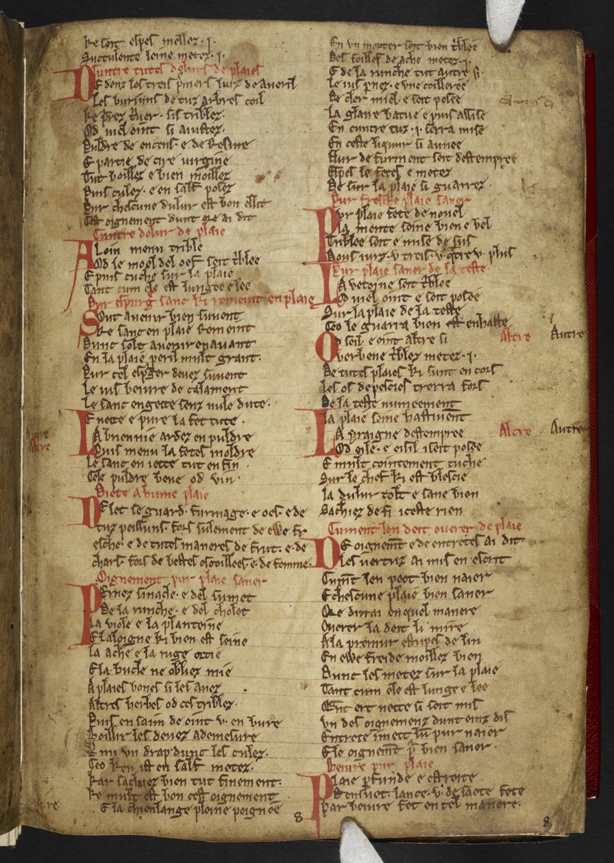 Harley MS 2558 f.8r, Novele cirurgerie, utdrag (365 rader). En samling medicinska recept på anglo-normandiska vers (vellum) av School English