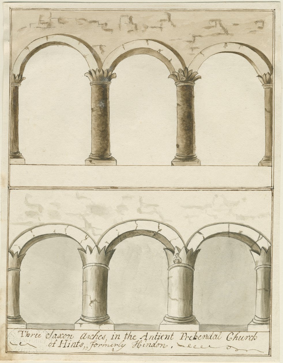 Interiör av Hints Church: penn- och tvättritning, nd [c 1750] (ritning) av School English