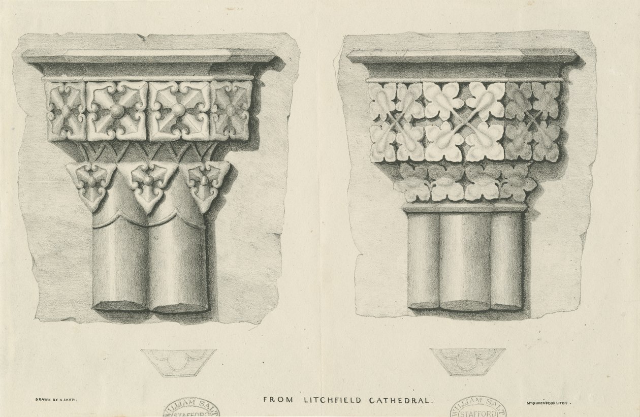 Interiör av Lichfield Cathedral - snidade lövverk: litografi och [? 1800-talet] (tryck) av School English