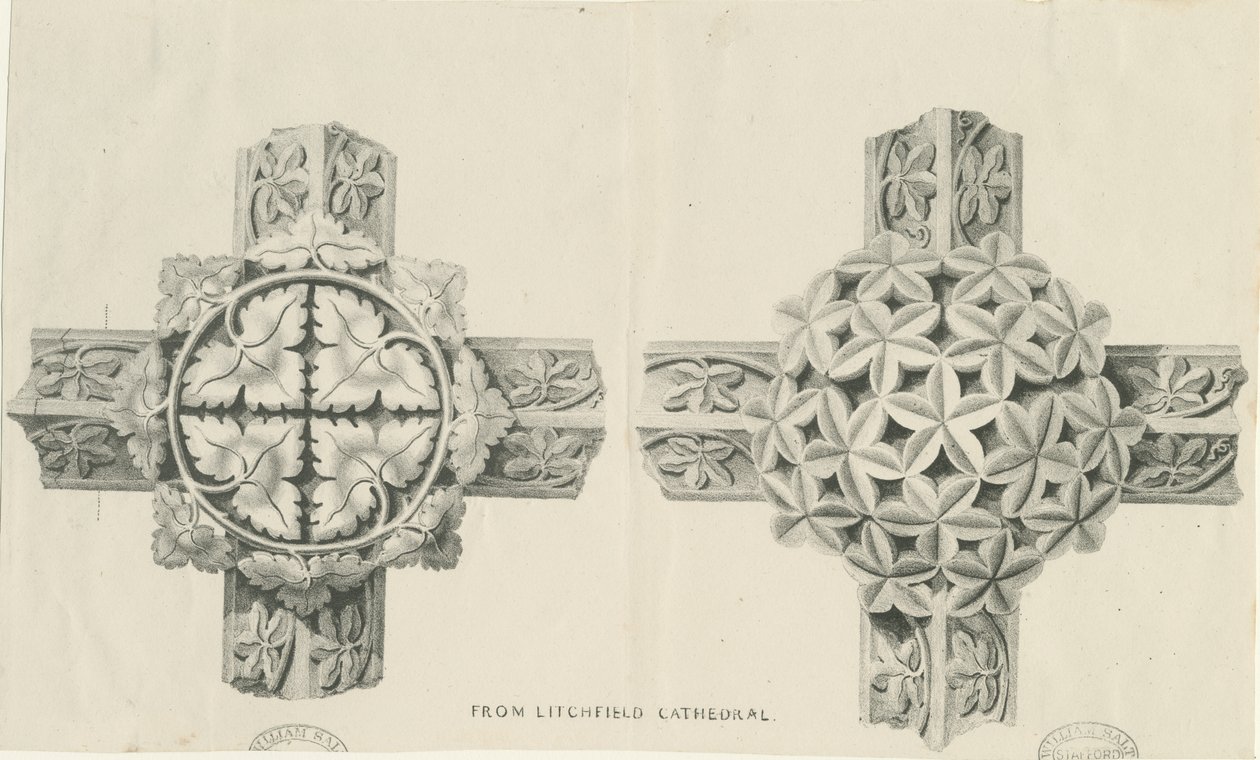 Interiör av Lichfield Cathedral - snidade lövverk: litografi och [? 1800-talet] (tryck) av School English