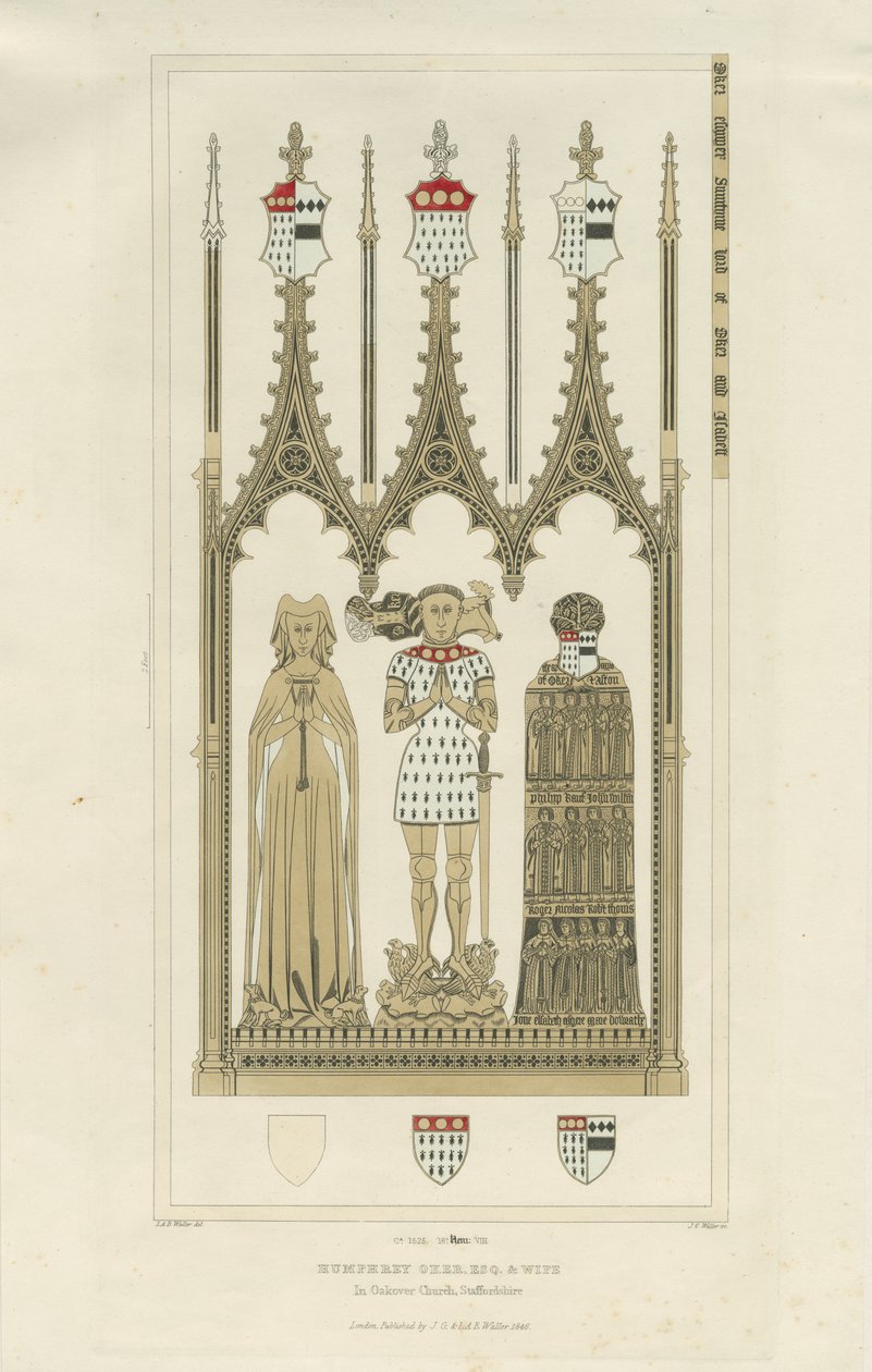 Interiör av Okeover Church - Monument till Humphrey Oker: gravyr, nd [c 1846] (tryck) av School English