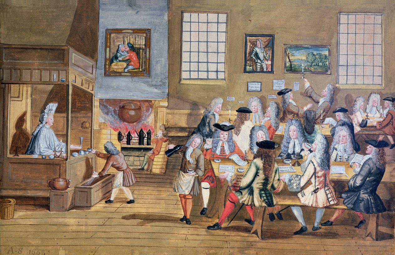 Interiör från ett kaffehus i London, ca 1650-1750 (akvarell på papper) av School English