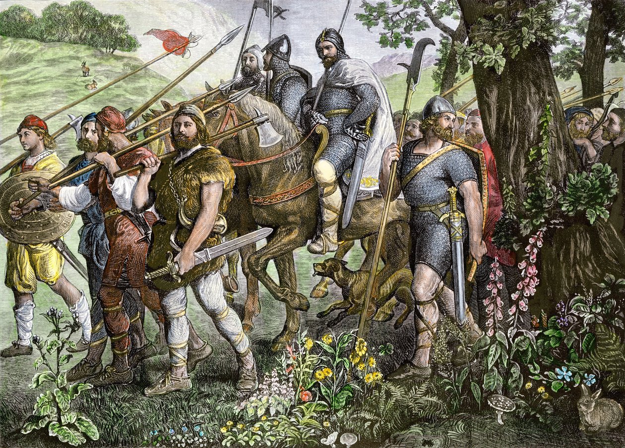 Män från Kent går till strid för att försvara England under den normandiska invasionen 1066 (färggravyr) av School English