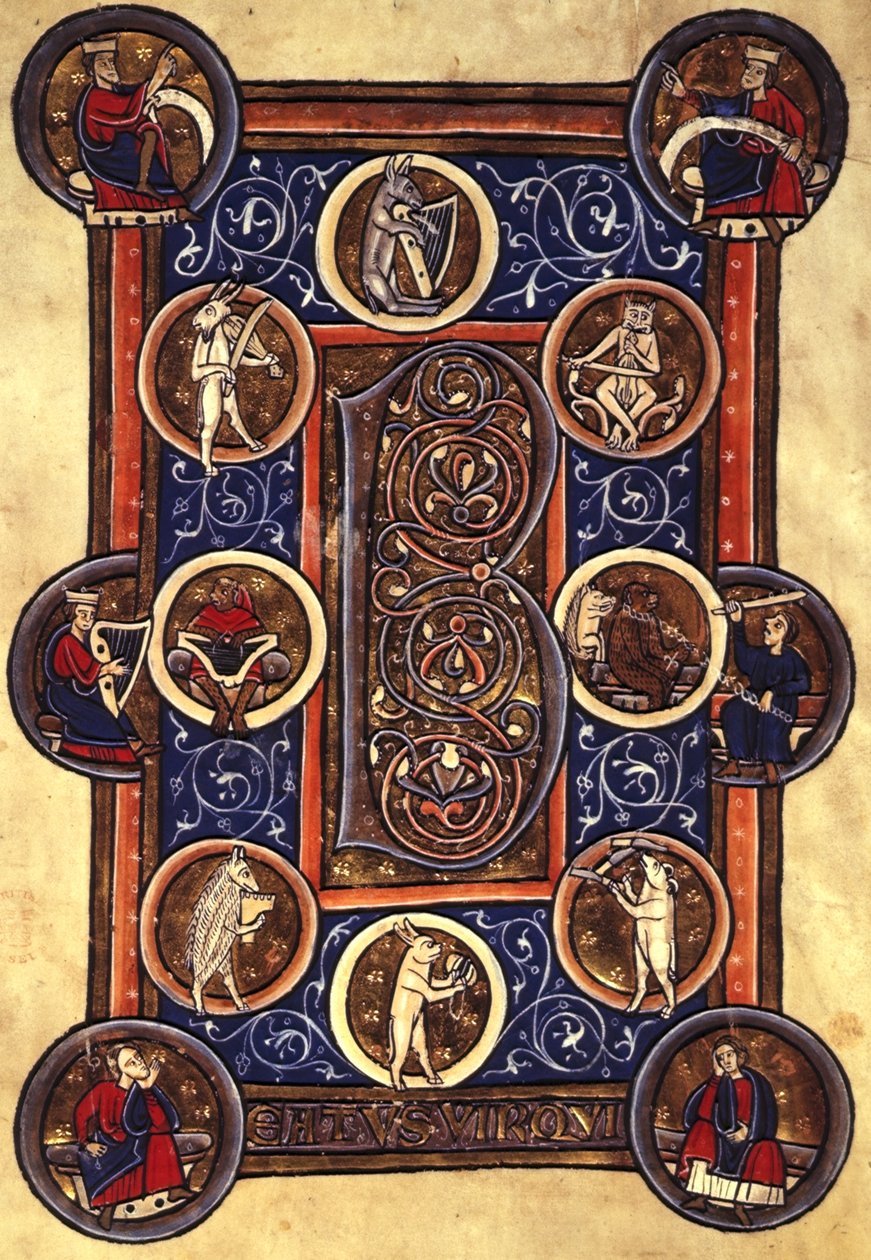 Lansdowne 420 fol.12v Psalm I med bebodd initial 
