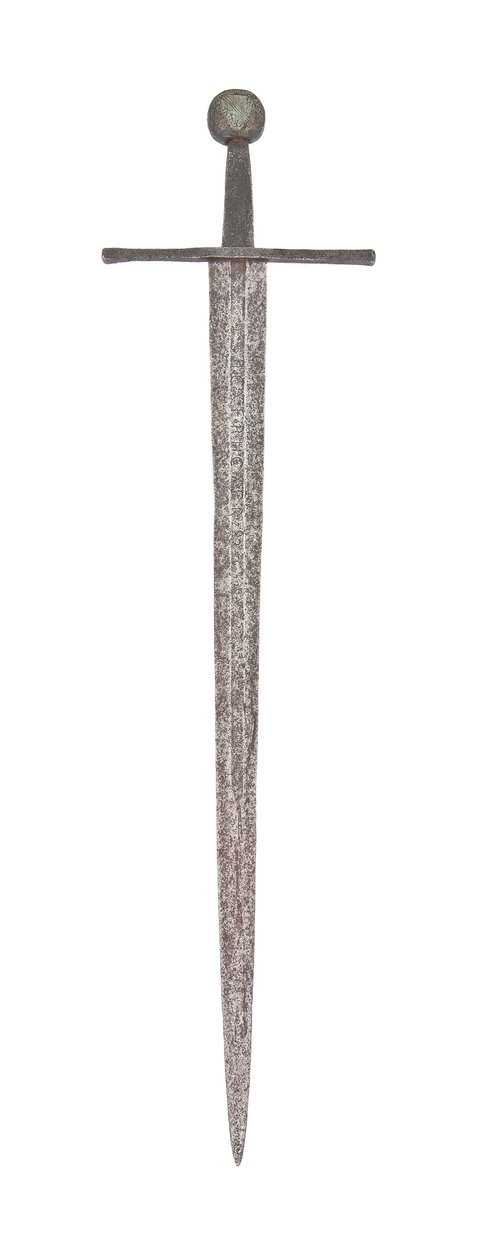 Senmedeltida bredsvärd, med tidigare vikingablad och bärande vapen från familjen De Bohun, Earls of Hereford och Essex av School English