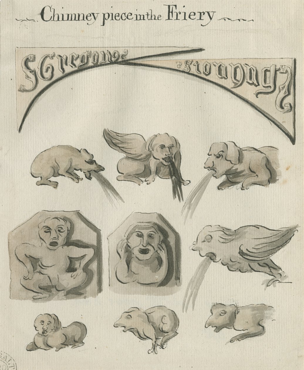 Lichfield - Chimney Piece in the Friary: penn- och tvättteckning, nd [?sent 1700-talet] (ritning) av School English