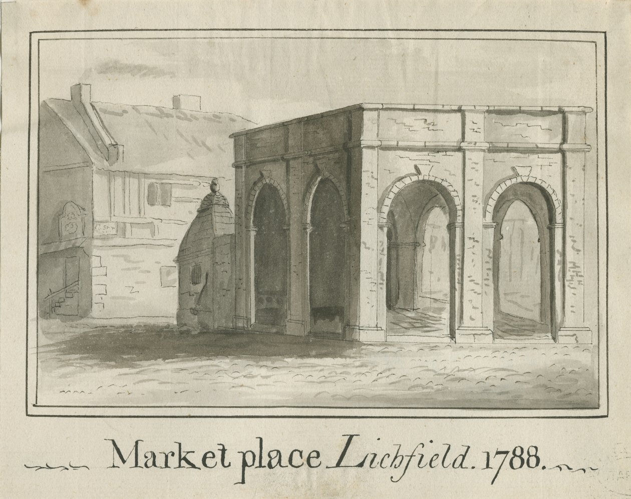 Lichfield - Market Place: sepiatvättteckning av School English