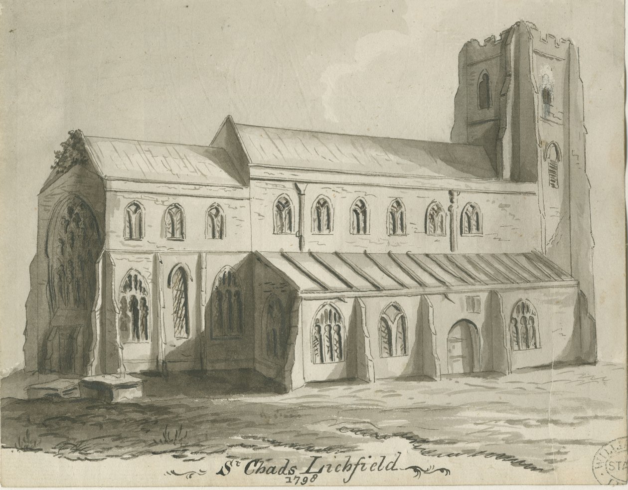 Lichfield - St. Tchads kyrka: sepiateckning av School English