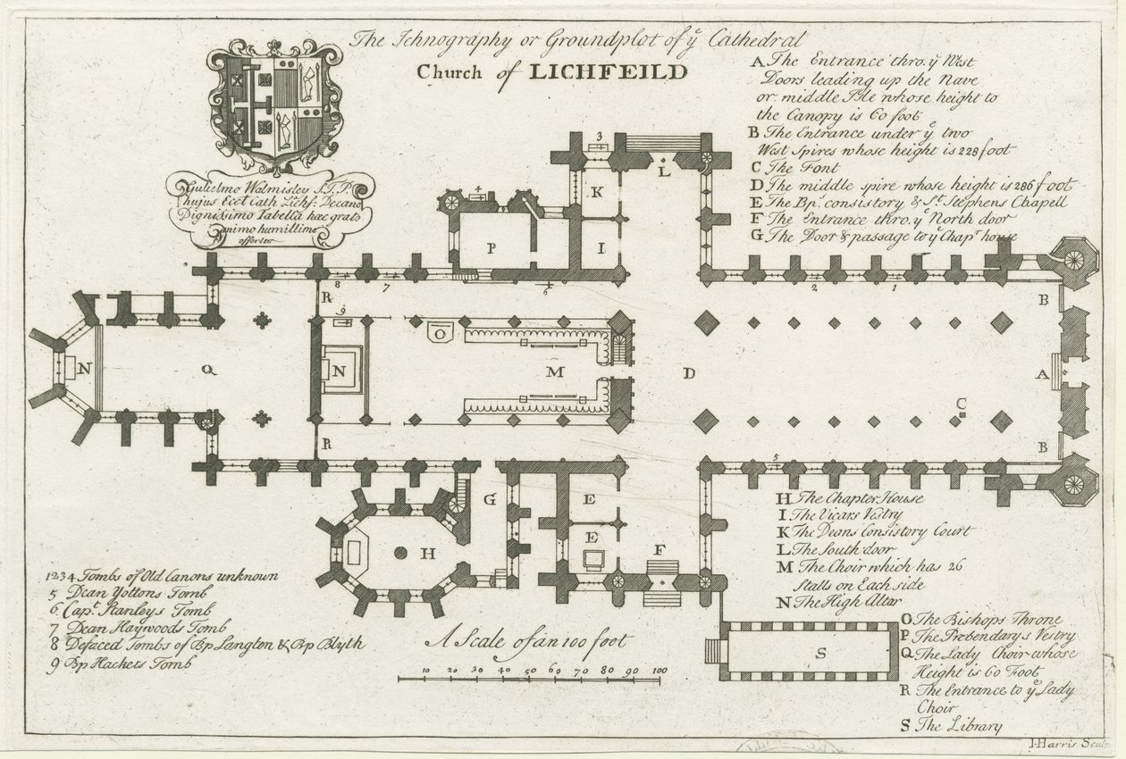 Lichfield Cathedral - Grundplan: gravyr och [tidigt 1700-tal] (tryck) av School English