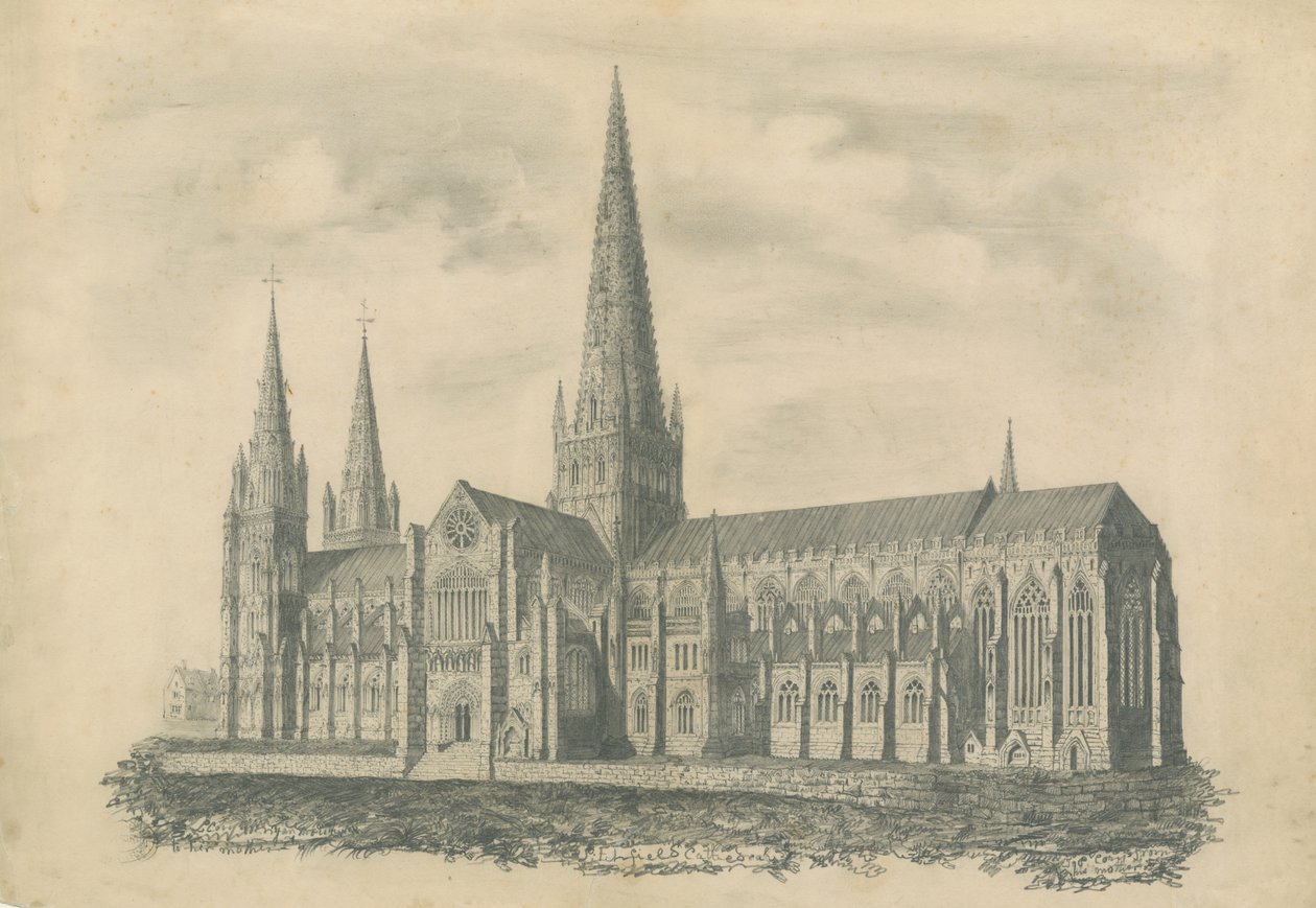 Lichfields katedral - sydöstra vyn: gravyr, nd [?1800-tal] (tryck) av School English