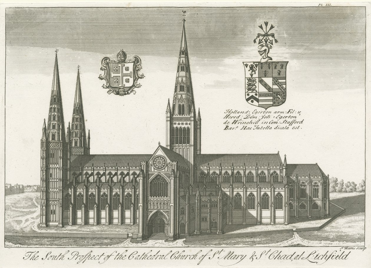 Lichfield Cathedral - South View: gravyr och [tidigt 1700-tal] (tryck) av School English