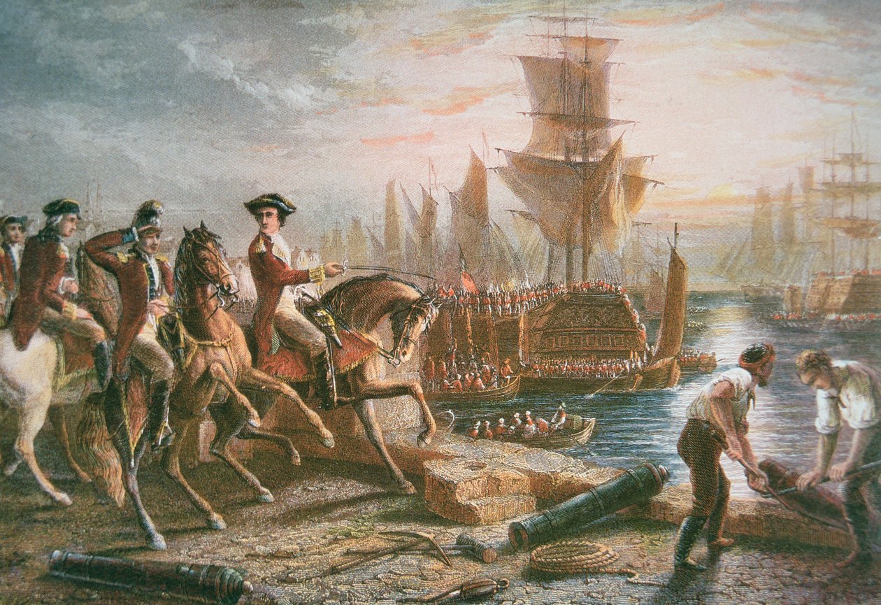 Lord Howe organiserar den brittiska evakueringen av Boston i mars 1776 (färggravyr) av School English