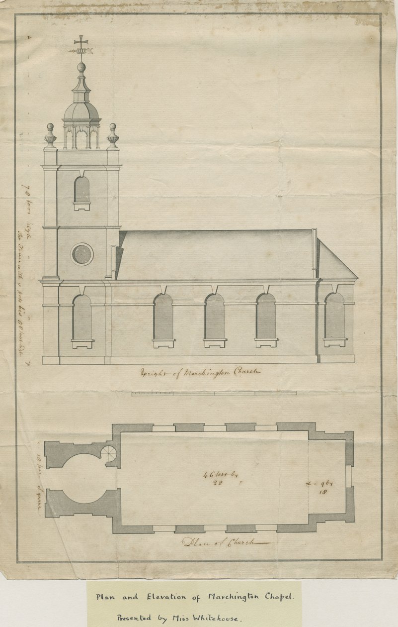 Marchington Church - Exteriör höjd och inre plan: pennteckning, nd [?mitten av 1700-talet] (ritning) av School English
