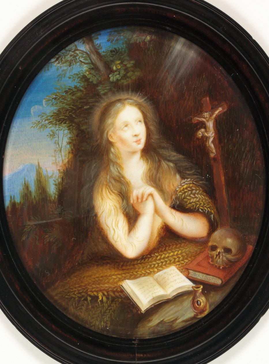 Maria Magdalena lutad mot en bank, hennes ögon upphöjda till ett krucifix (emalj) av School English
