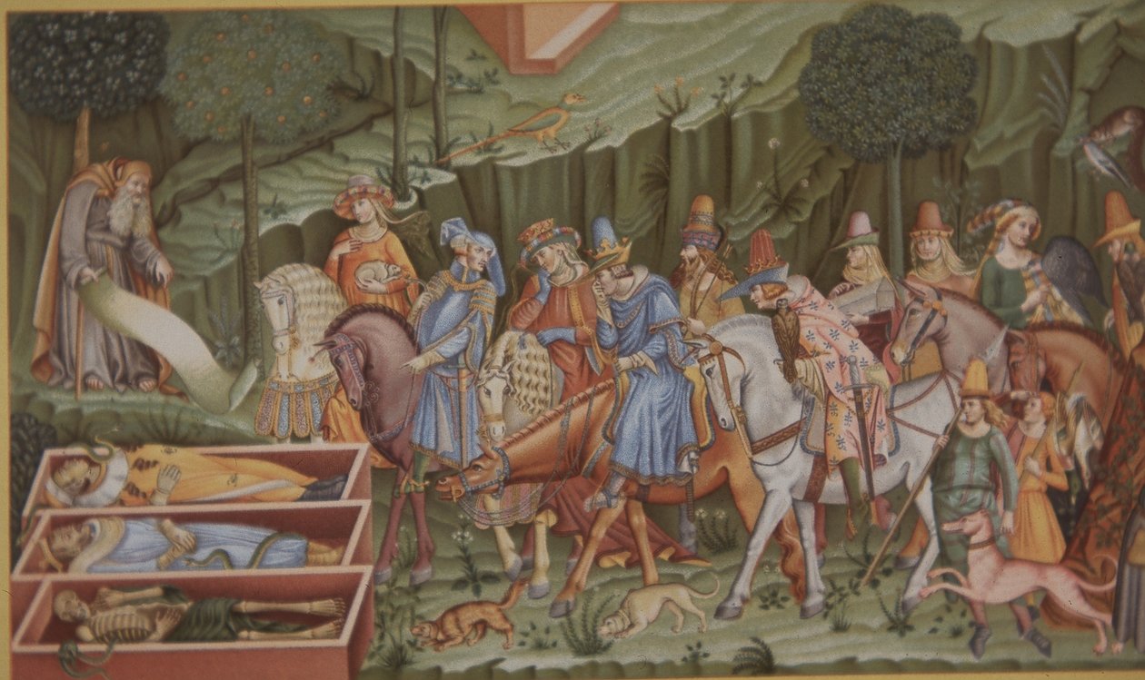 Medeltida rika och fattiga samlas före de döda under digerdöden (färg litho) av School English