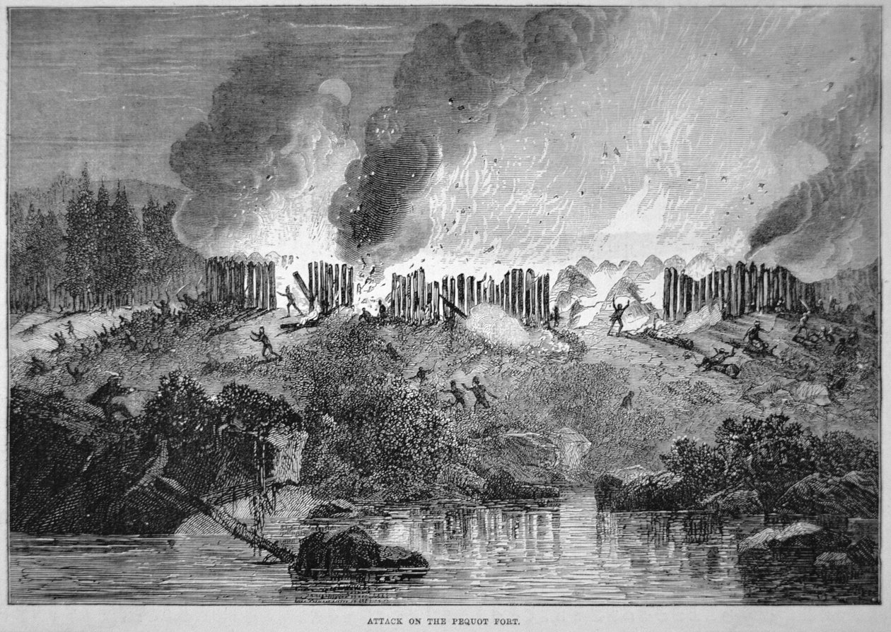 New England vita nybyggare attackerar det indiska fortet Pequot under Pequot-kriget 1637 (gravyr) av School English