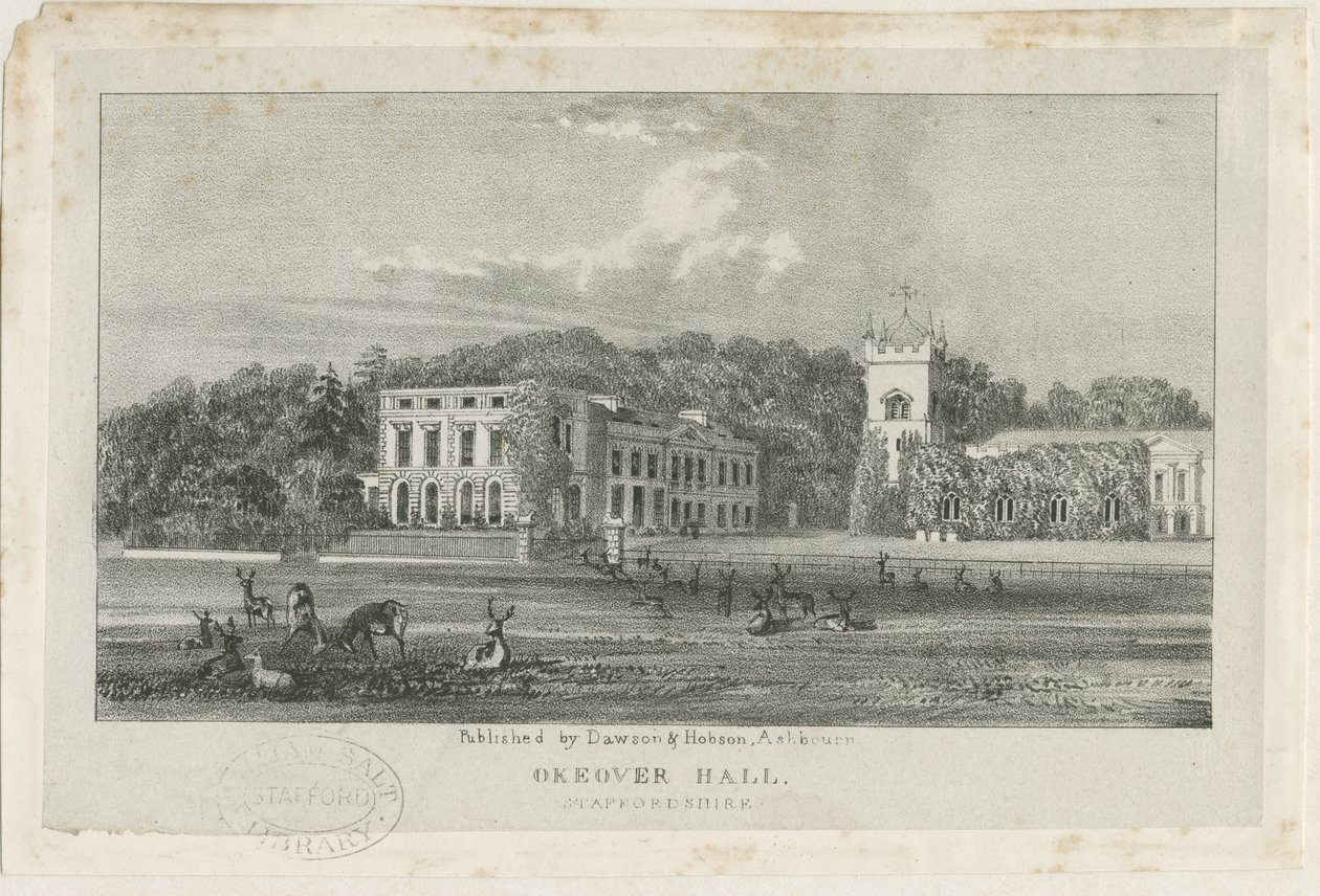 Okeover Hall - litografi, nd [c 1839] (tryck) av School English