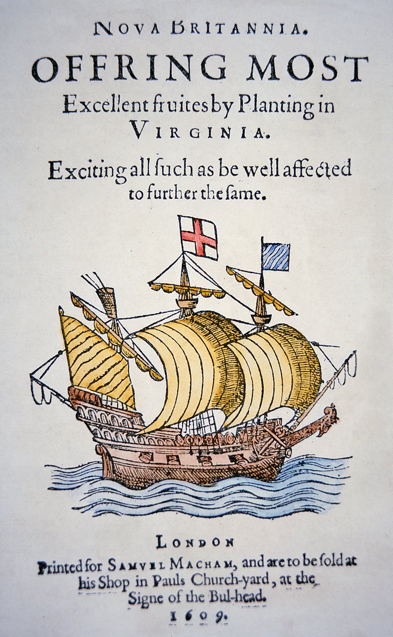 Broschyr som uppmuntrar kolonister att åka till Virginia i Amerika, publicerad 1609 (färg litho) av School English