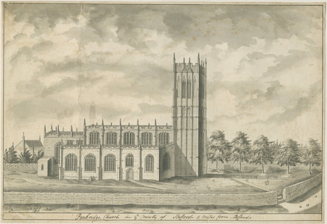 Penkridge Church: ritning med penna och tvätt, nd [sent 1700-tal] (ritning) av School English