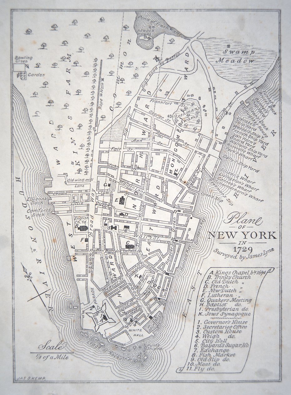 Plan över New York 1729 (litho) av School English