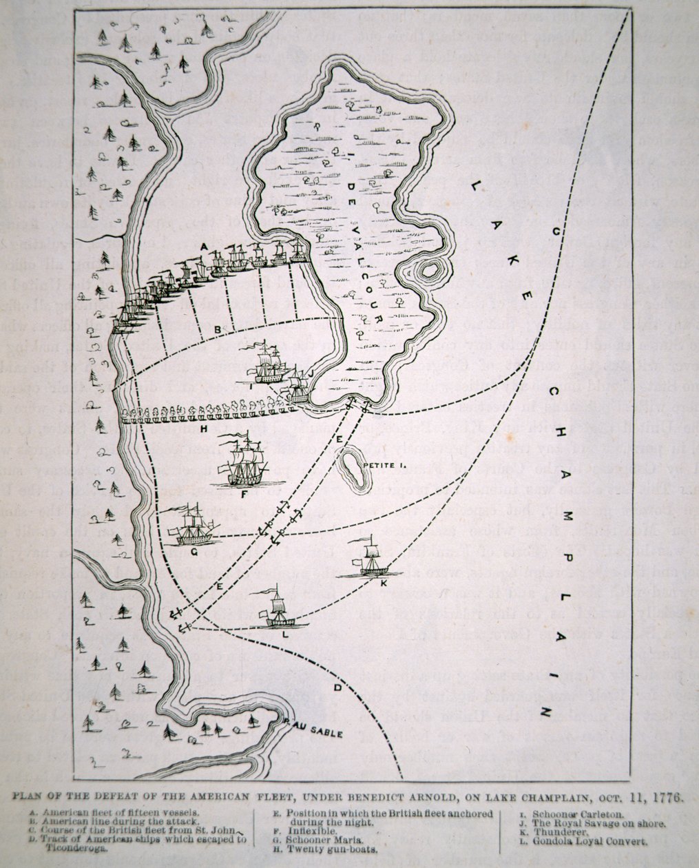 Plan för nederlaget för den amerikanska flottan vid Champlainsjön (litho) av School English